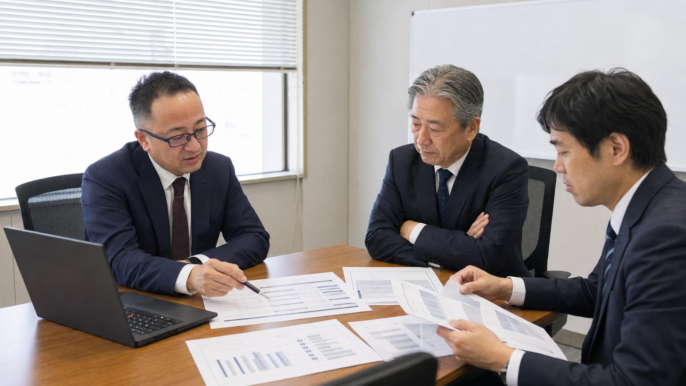 比較表を前に、発注する側の立場から所見を伝える様子(イメージ)