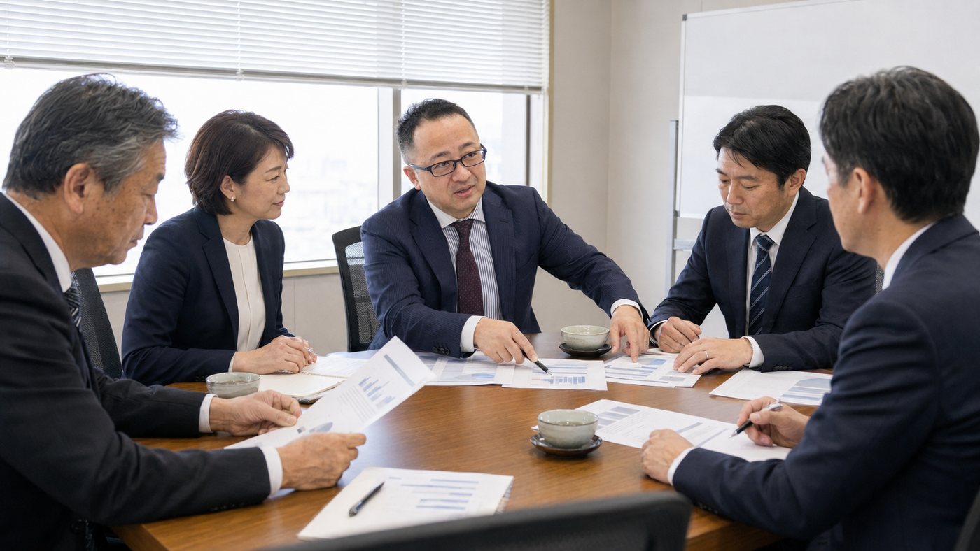 幹部会議に入って議論する唐澤智哉(イメージ)