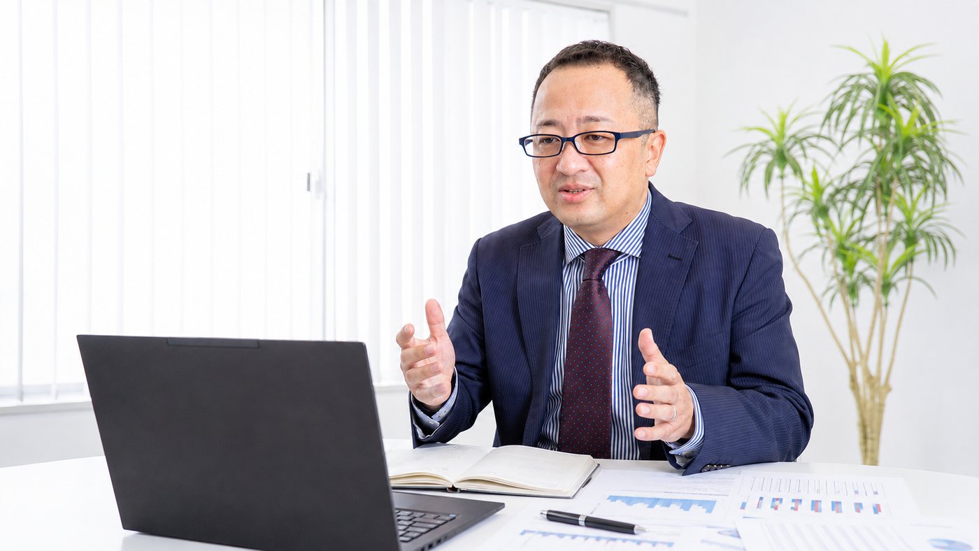 オンラインで経営相談に応じる唐澤智哉(イメージ)